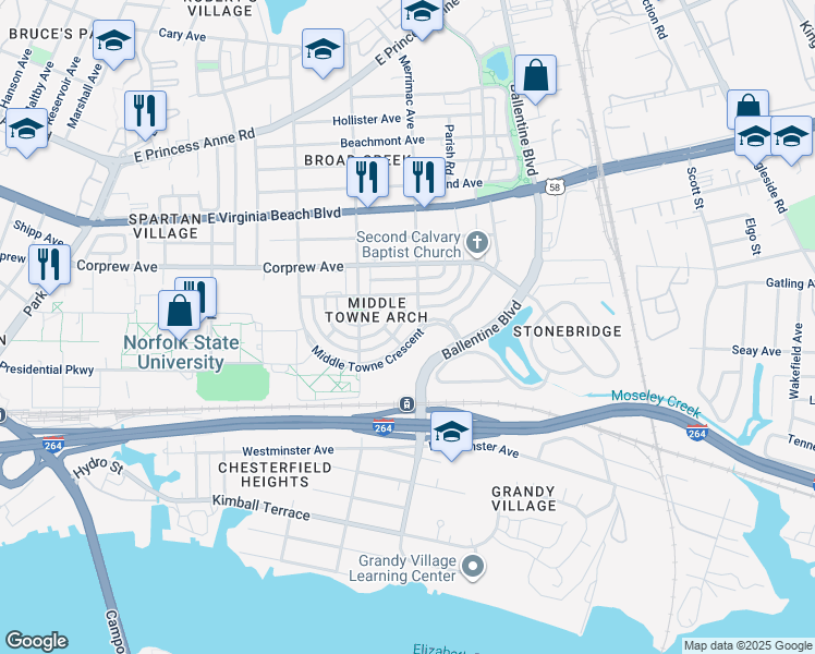 map of restaurants, bars, coffee shops, grocery stores, and more near 2852 Middle Towne Crescent in Norfolk