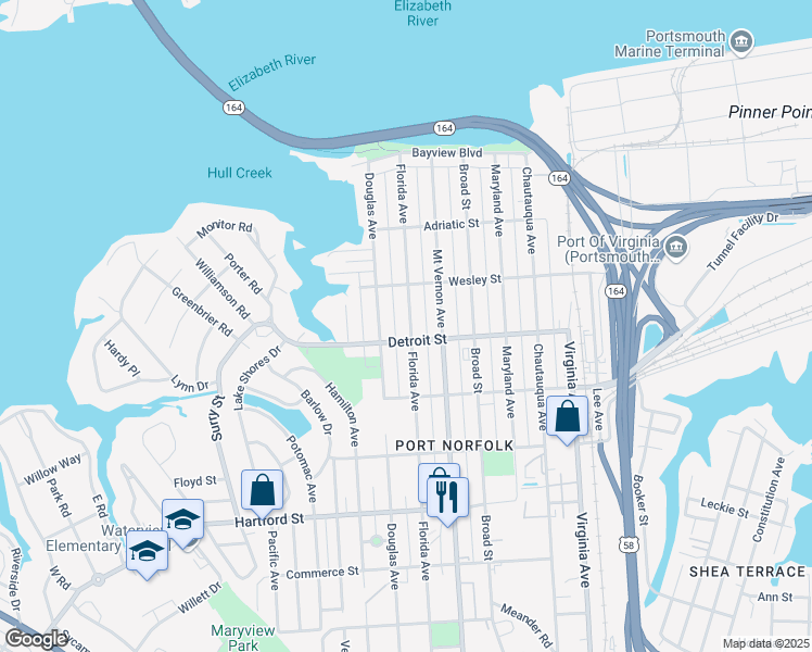 map of restaurants, bars, coffee shops, grocery stores, and more near 350 Florida Avenue in Portsmouth