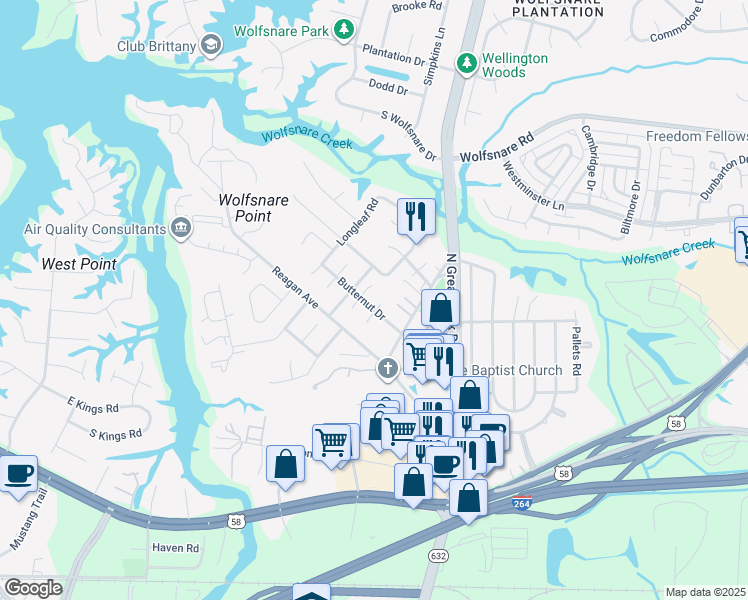 map of restaurants, bars, coffee shops, grocery stores, and more near 432 Chinaberry Court in Virginia Beach