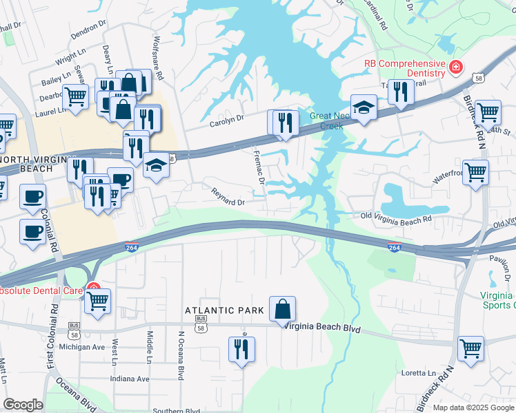 map of restaurants, bars, coffee shops, grocery stores, and more near 1400 Snow Goose Lane in Virginia Beach