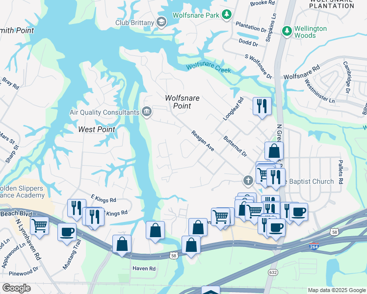 map of restaurants, bars, coffee shops, grocery stores, and more near 407 Falling Lane in Virginia Beach