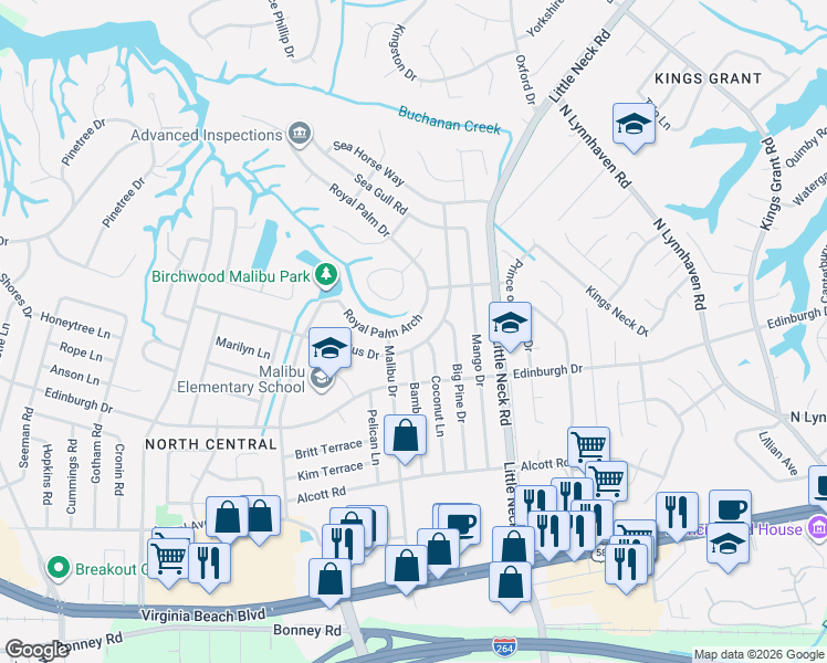 map of restaurants, bars, coffee shops, grocery stores, and more near 3521 Royal Palm Court in Virginia Beach