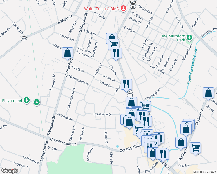 map of restaurants, bars, coffee shops, grocery stores, and more near 300-398 Ginnie Ln in Hopkinsville