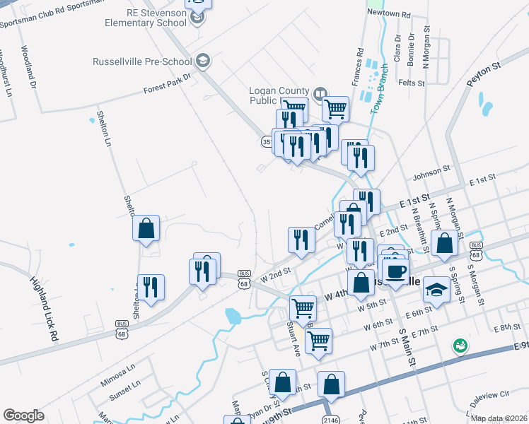 map of restaurants, bars, coffee shops, grocery stores, and more near 325 Cornelius Avenue in Russellville