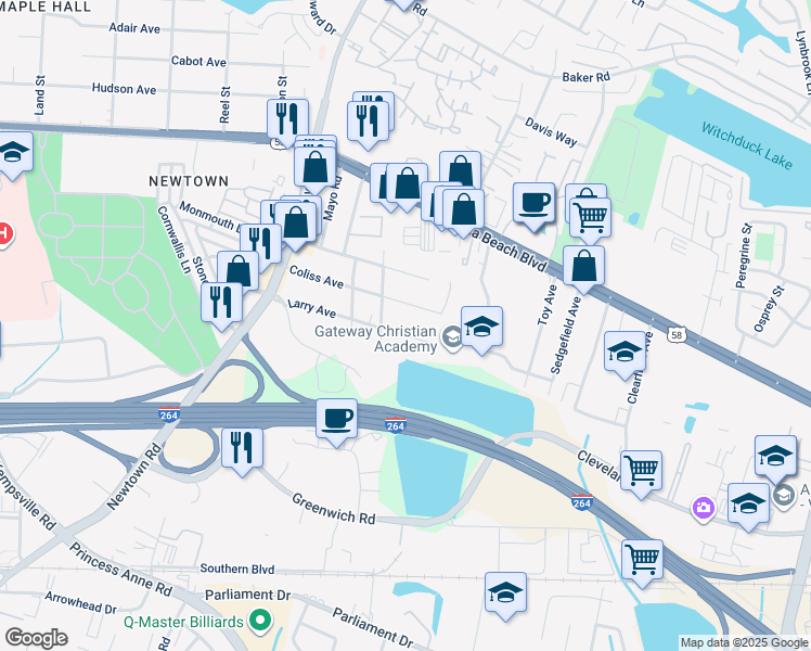 map of restaurants, bars, coffee shops, grocery stores, and more near 5512 Larry Avenue in Virginia Beach