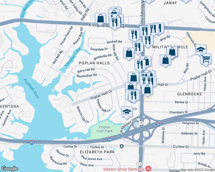 map of restaurants, bars, coffee shops, grocery stores, and more near 5537 Barnhollow Road in Norfolk