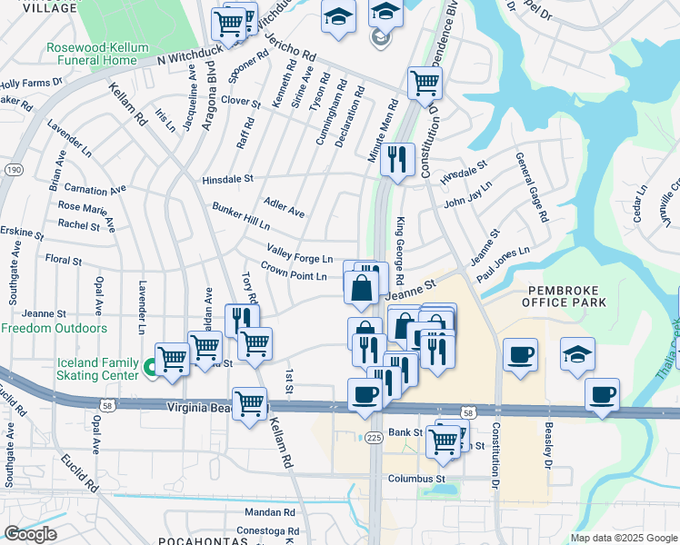 map of restaurants, bars, coffee shops, grocery stores, and more near 4608 Crown Point Lane in Virginia Beach