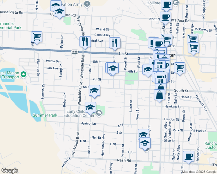 map of restaurants, bars, coffee shops, grocery stores, and more near 750 South Street in Hollister