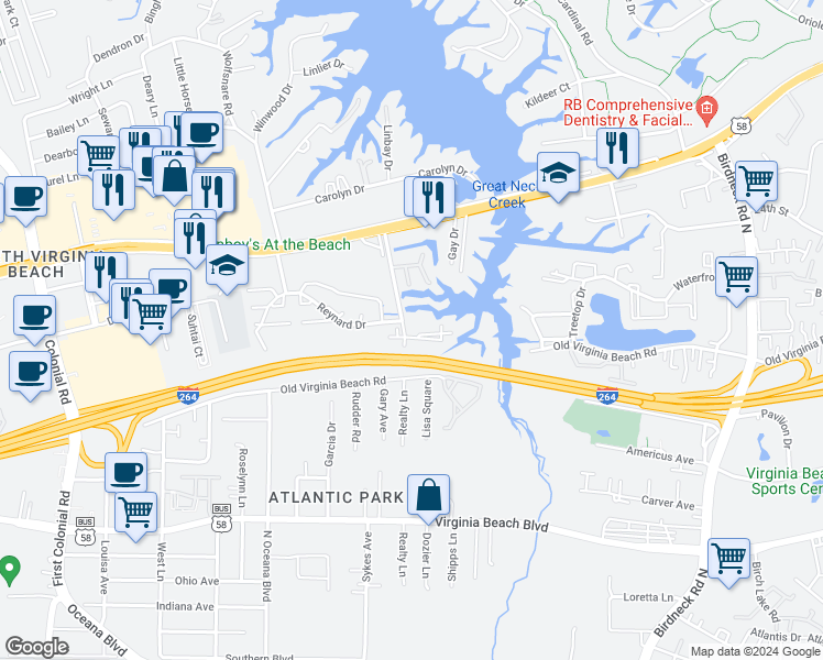 map of restaurants, bars, coffee shops, grocery stores, and more near 590 Fremac Drive in Virginia Beach