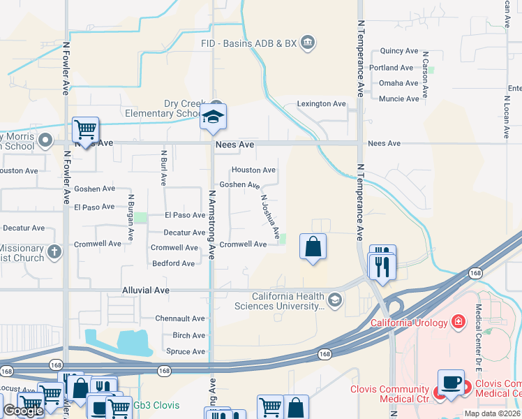 map of restaurants, bars, coffee shops, grocery stores, and more near 2366 Fallbrook Avenue in Clovis