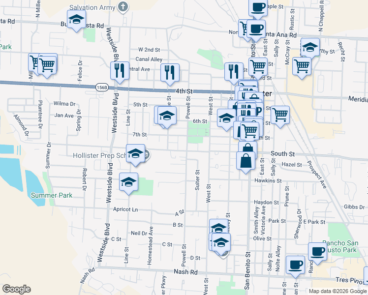 map of restaurants, bars, coffee shops, grocery stores, and more near 625 7th Street in Hollister