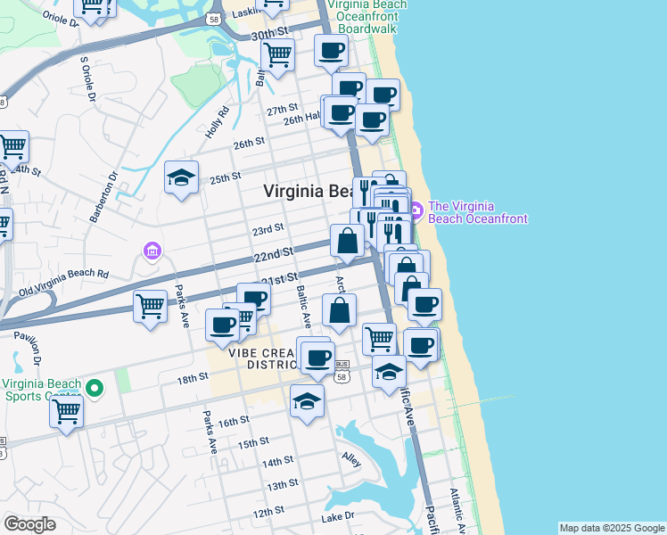map of restaurants, bars, coffee shops, grocery stores, and more near in Virginia Beach