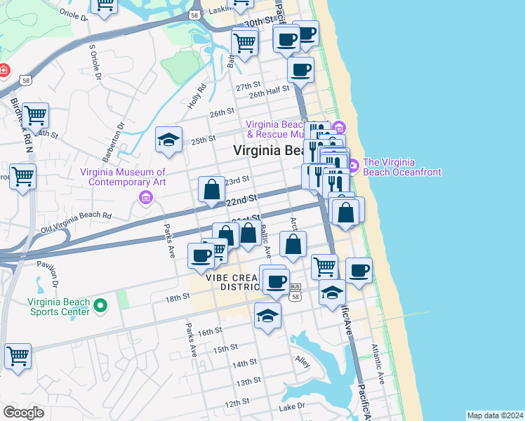 map of restaurants, bars, coffee shops, grocery stores, and more near 417 21 1/2 Street in Virginia Beach
