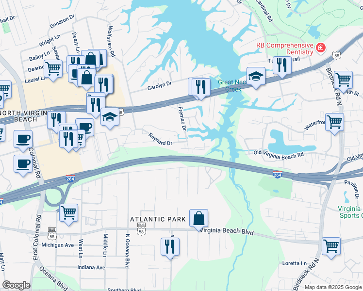 map of restaurants, bars, coffee shops, grocery stores, and more near 590 Fremac Drive in Virginia Beach
