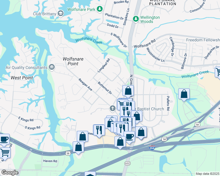 map of restaurants, bars, coffee shops, grocery stores, and more near 432 Chinaberry Court in Virginia Beach