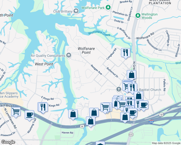 map of restaurants, bars, coffee shops, grocery stores, and more near 312 Falling Lane in Virginia Beach