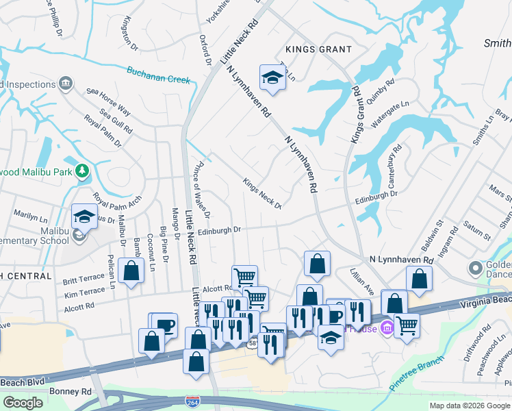 map of restaurants, bars, coffee shops, grocery stores, and more near 3365 Kings Neck Drive in Virginia Beach