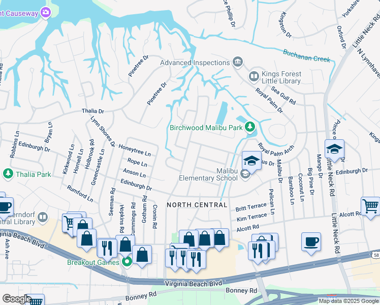 map of restaurants, bars, coffee shops, grocery stores, and more near 553 Caren Drive in Virginia Beach