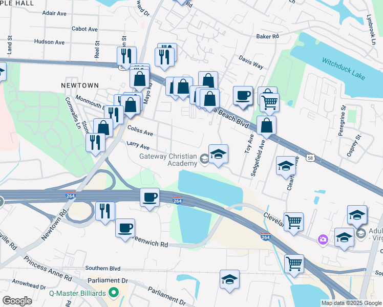 map of restaurants, bars, coffee shops, grocery stores, and more near 5501 Coliss Avenue in Virginia Beach