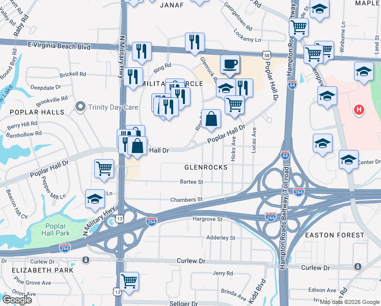 map of restaurants, bars, coffee shops, grocery stores, and more near 5873 Poplar Hall Drive in Norfolk