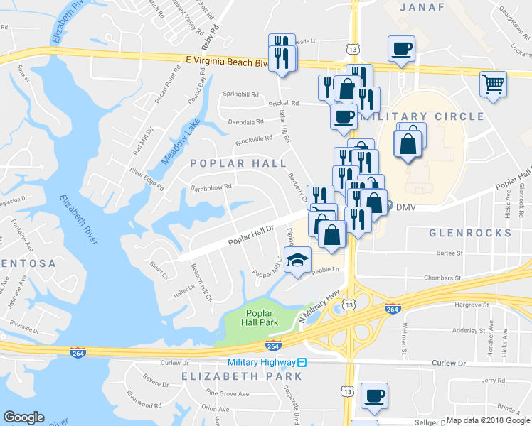 map of restaurants, bars, coffee shops, grocery stores, and more near 5537 Barnhollow Road in Norfolk