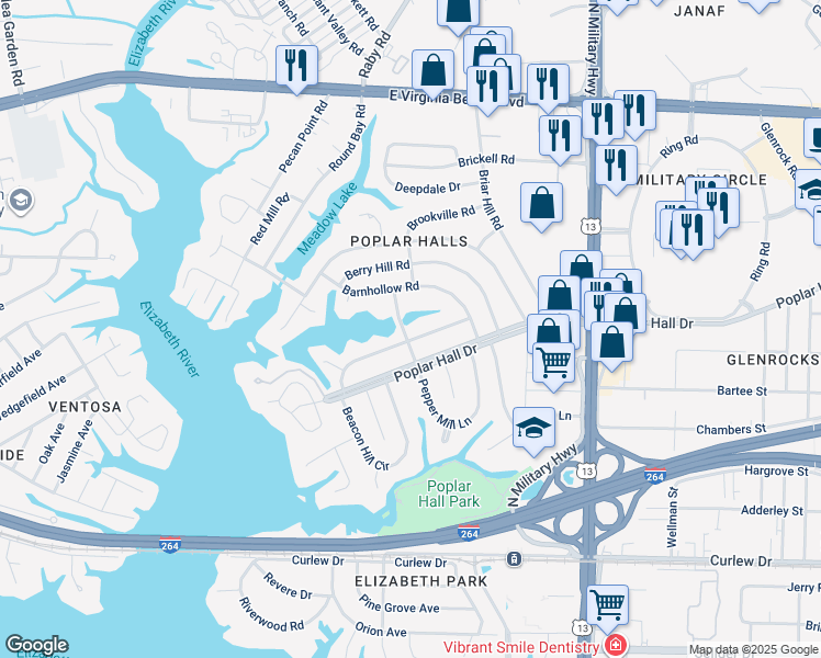map of restaurants, bars, coffee shops, grocery stores, and more near 5524 Sandpiper Lane in Norfolk