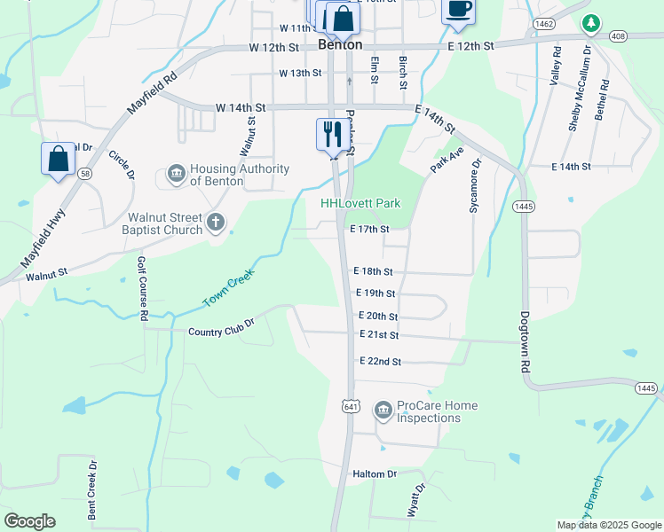 map of restaurants, bars, coffee shops, grocery stores, and more near 1625-1799 Main Street in Benton