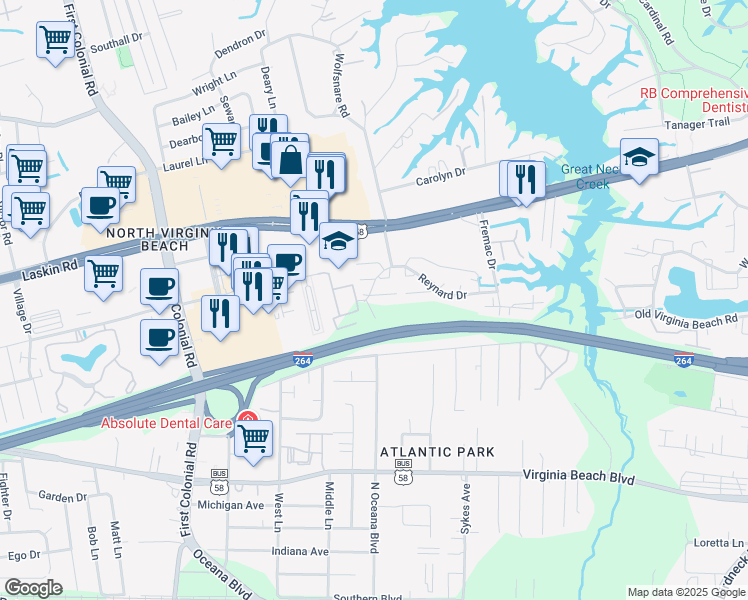 map of restaurants, bars, coffee shops, grocery stores, and more near 1417 Reynard Drive in Virginia Beach