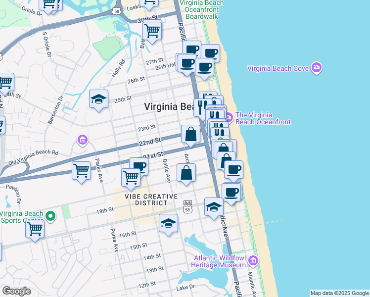 map of restaurants, bars, coffee shops, grocery stores, and more near 400 21st Street in Virginia Beach