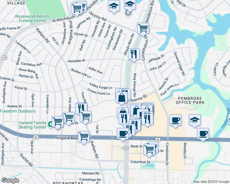 map of restaurants, bars, coffee shops, grocery stores, and more near 4608 Crown Point Lane in Virginia Beach