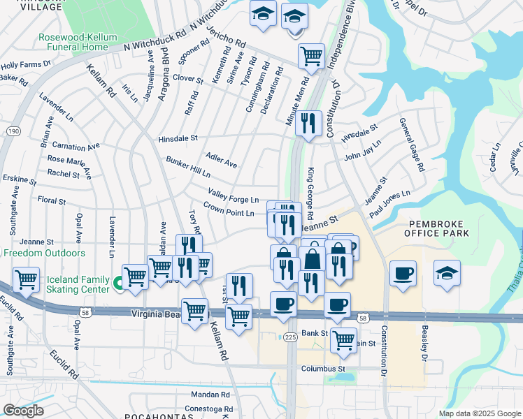 map of restaurants, bars, coffee shops, grocery stores, and more near 4612 Crown Point Lane in Virginia Beach