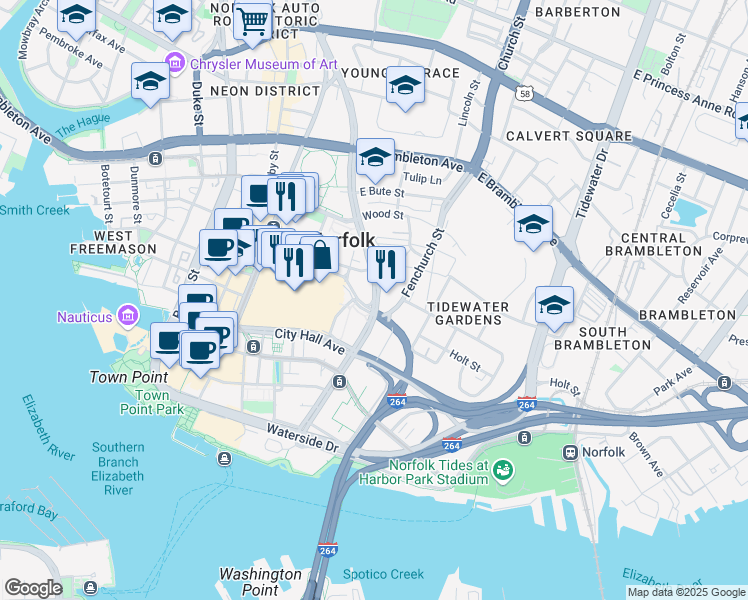 map of restaurants, bars, coffee shops, grocery stores, and more near 409 Saint Pauls Boulevard in Norfolk