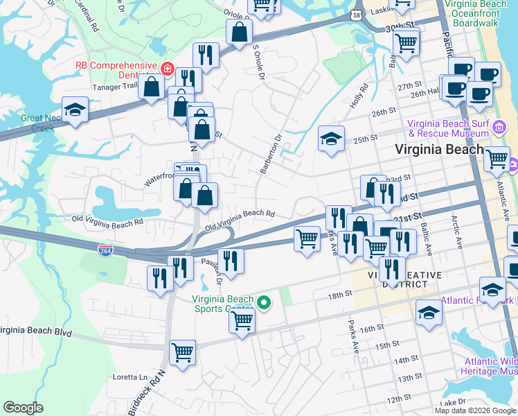 map of restaurants, bars, coffee shops, grocery stores, and more near 504 Barberton Drive in Virginia Beach