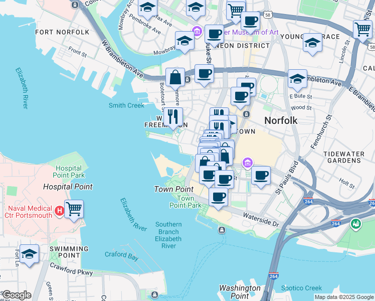 map of restaurants, bars, coffee shops, grocery stores, and more near 305 Brooke Avenue in Norfolk