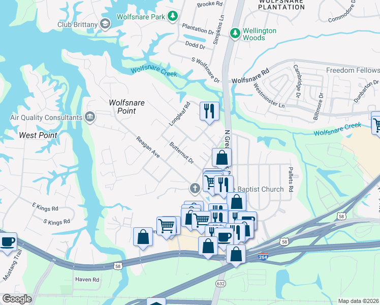 map of restaurants, bars, coffee shops, grocery stores, and more near 432 Chinaberry Court in Virginia Beach