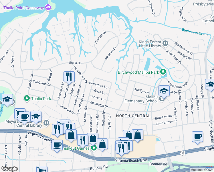 map of restaurants, bars, coffee shops, grocery stores, and more near 3804 Honeytree Lane in Virginia Beach