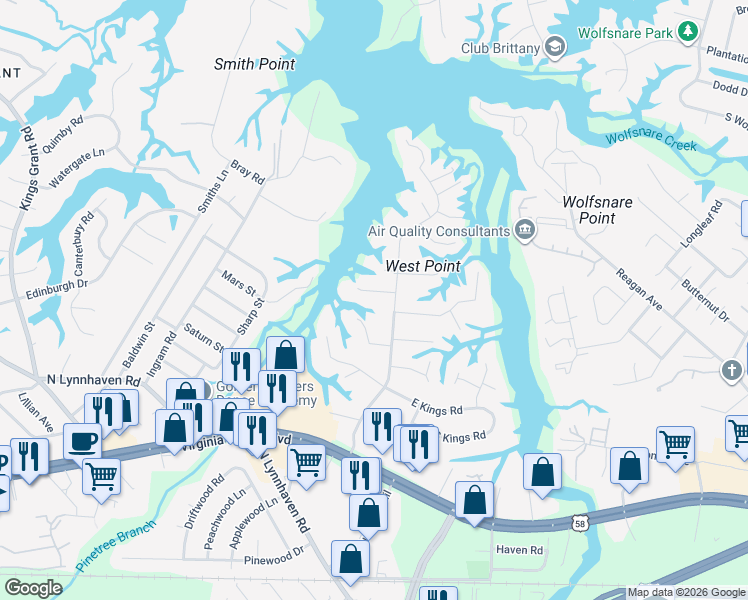 map of restaurants, bars, coffee shops, grocery stores, and more near 2809 Pine Ridge Lane in Virginia Beach