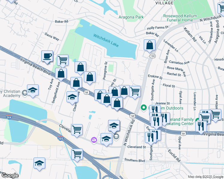 map of restaurants, bars, coffee shops, grocery stores, and more near 5215 Richard Road in Virginia Beach