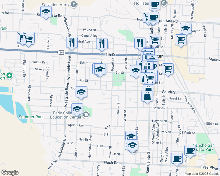 map of restaurants, bars, coffee shops, grocery stores, and more near 625 7th Street in Hollister