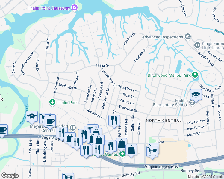 map of restaurants, bars, coffee shops, grocery stores, and more near 532 Lynn Shores Drive in Virginia Beach