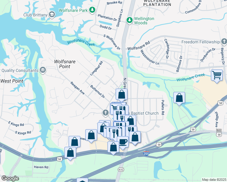 map of restaurants, bars, coffee shops, grocery stores, and more near 479 Old Great Neck Road in Virginia Beach