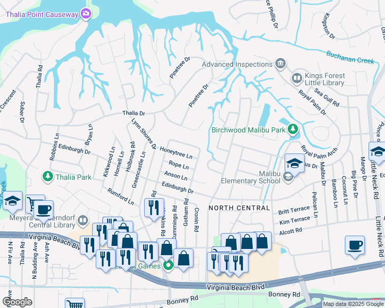 map of restaurants, bars, coffee shops, grocery stores, and more near 3804 Honeytree Lane in Virginia Beach