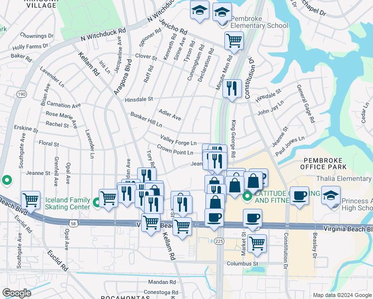 map of restaurants, bars, coffee shops, grocery stores, and more near 4628 Crown Point Lane in Virginia Beach