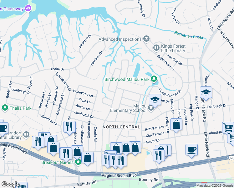 map of restaurants, bars, coffee shops, grocery stores, and more near 553 Caren Drive in Virginia Beach