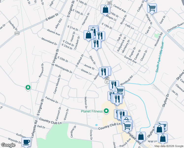 map of restaurants, bars, coffee shops, grocery stores, and more near 314 Ginnie Lane in Hopkinsville