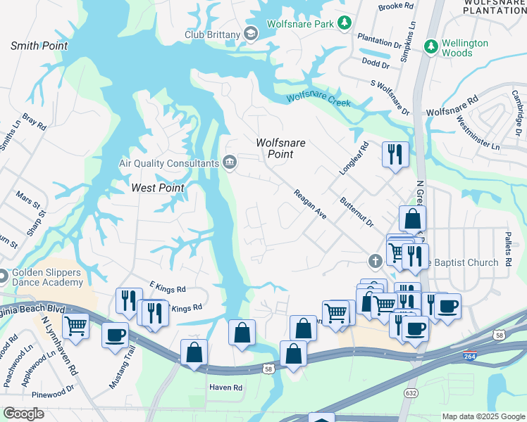map of restaurants, bars, coffee shops, grocery stores, and more near 400 Falling Lane in Virginia Beach