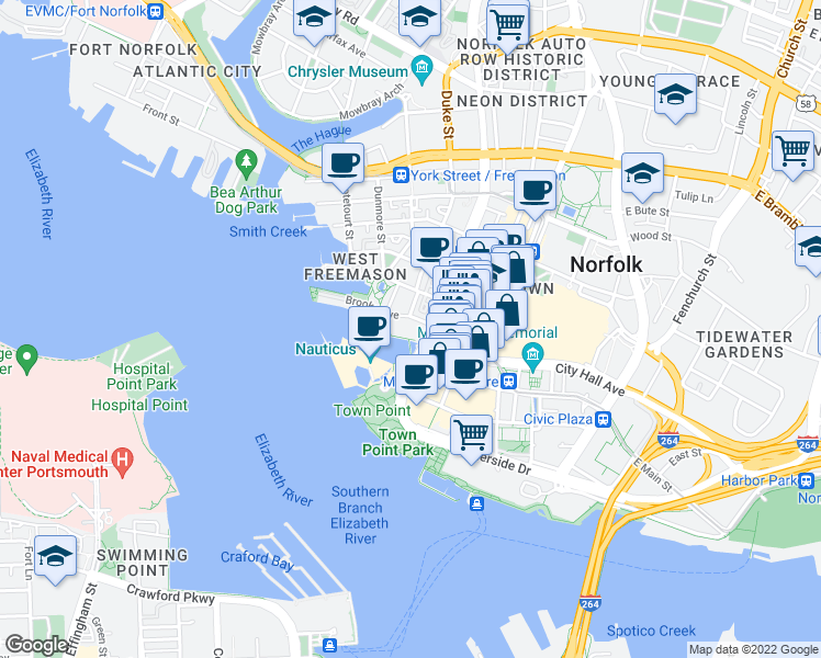 map of restaurants, bars, coffee shops, grocery stores, and more near 215 Brooke Avenue in Norfolk