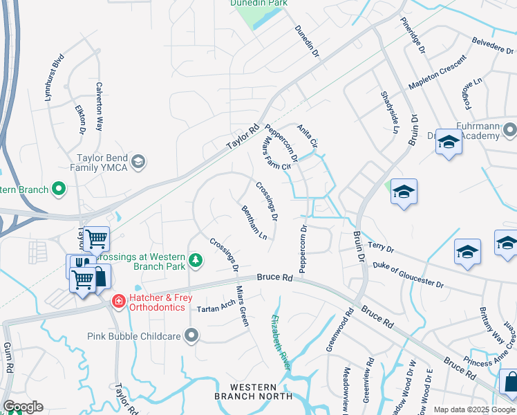 map of restaurants, bars, coffee shops, grocery stores, and more near 4109 Bayford Court in Chesapeake