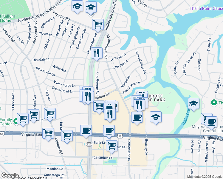 map of restaurants, bars, coffee shops, grocery stores, and more near 4513 William Pitt Lane in Virginia Beach