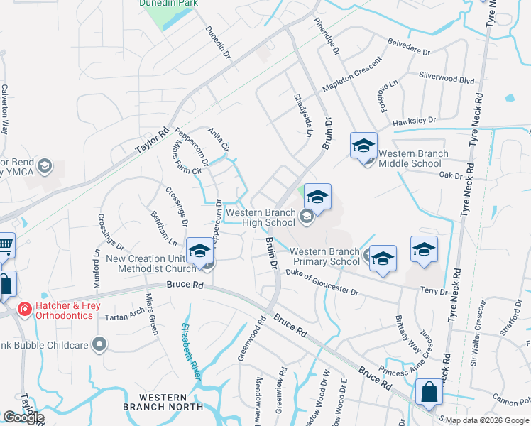 map of restaurants, bars, coffee shops, grocery stores, and more near 3105 Radcliffe Lane North in Chesapeake